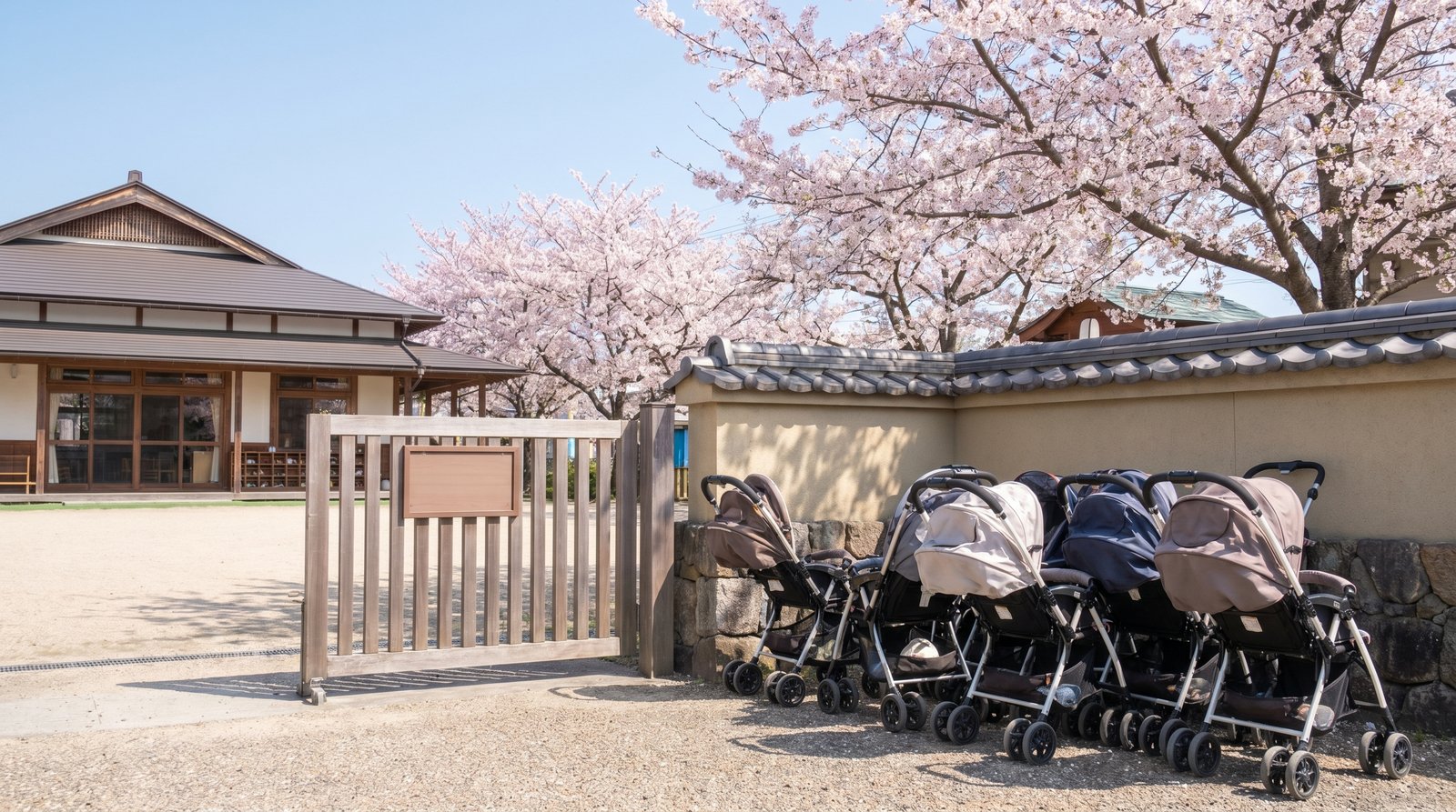 幼稚園の門の横に並んで置かれた複数のベビーカー