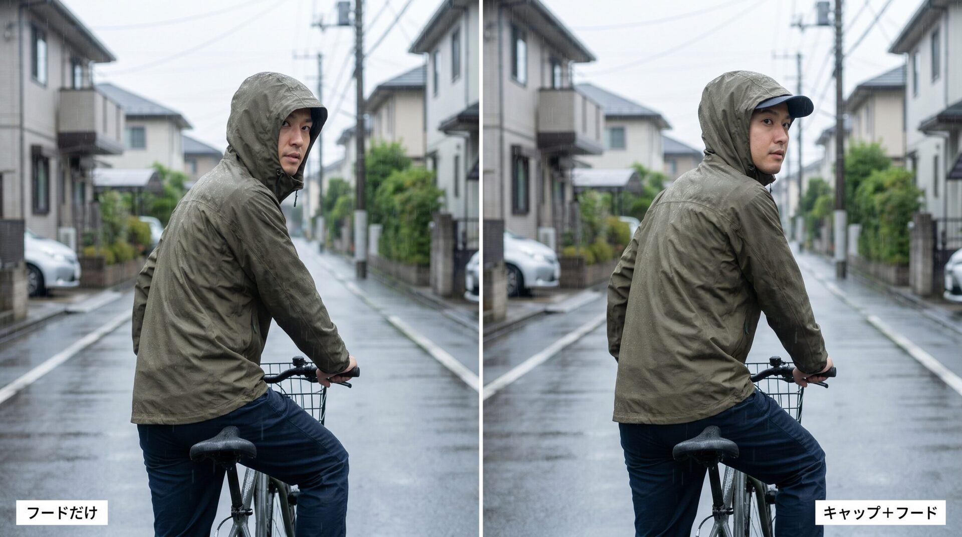 同じ父親がフードだけと、キャップ＋フード二重がけで振り向く比較。フードだけは視界が塞がれ、キャップ＋フードは後方確認できる。
